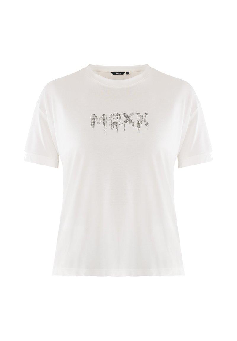 Weißes T-Shirt mit kurzen Ärmeln und Rundhalsausschnitt, das den Schriftzug "MEXX" in einem tropfenden Punktmuster auf der Brust zeigt.