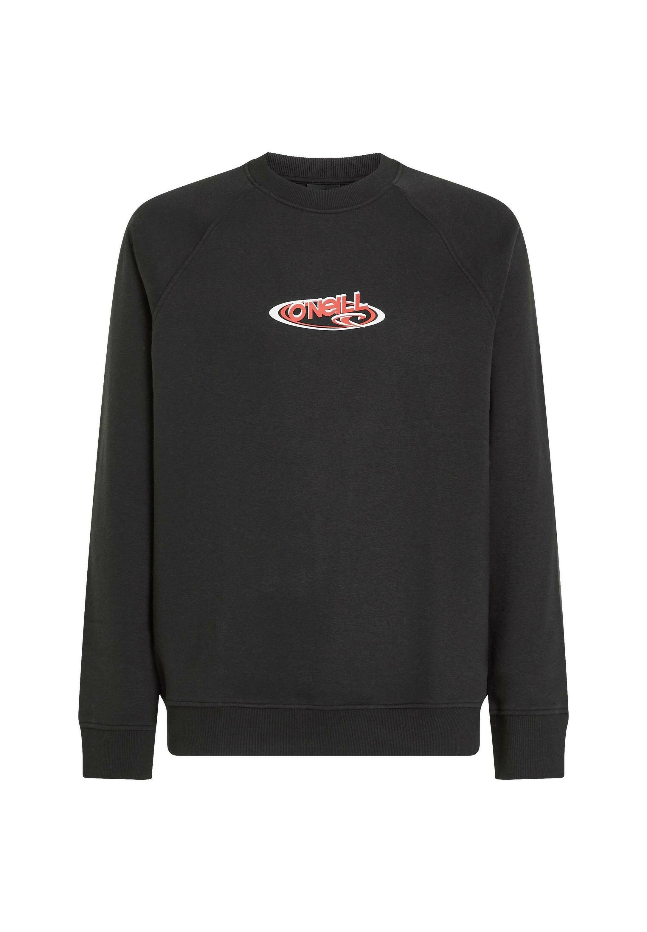 Schwarzer Pullover mit Raglanärmeln. Verfügt über ein grafisches Logo in Rot und Weiß auf der Brust. Hergestellt aus einem weichen, strukturierten Material.