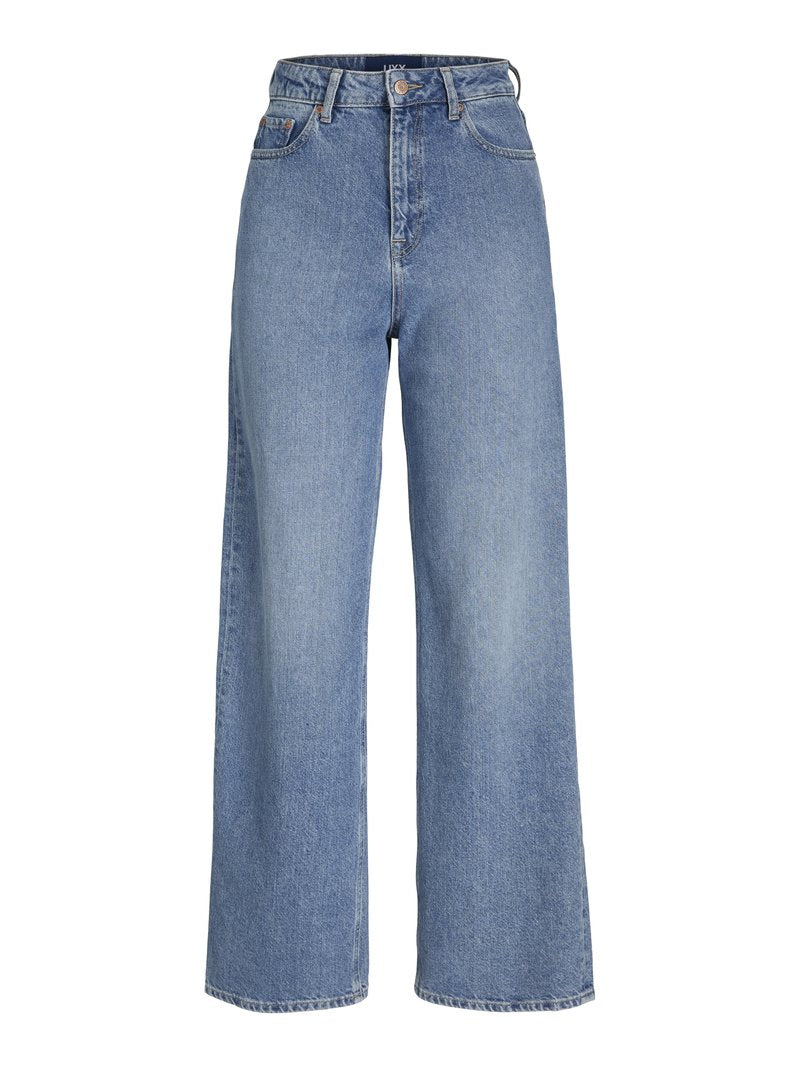 Hellblaue Jeans mit hoher Taille, weitem Bein, vorderer Knopf- und Reißverschluss und Fünf-Taschen-Design.