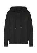 Schwarzer Kapuzenpullover mit lockerer Passform, ausgestattet mit einem Zugband am Hals und gerippten Bündchen. Hergestellt aus weichem, glattem Stoff.