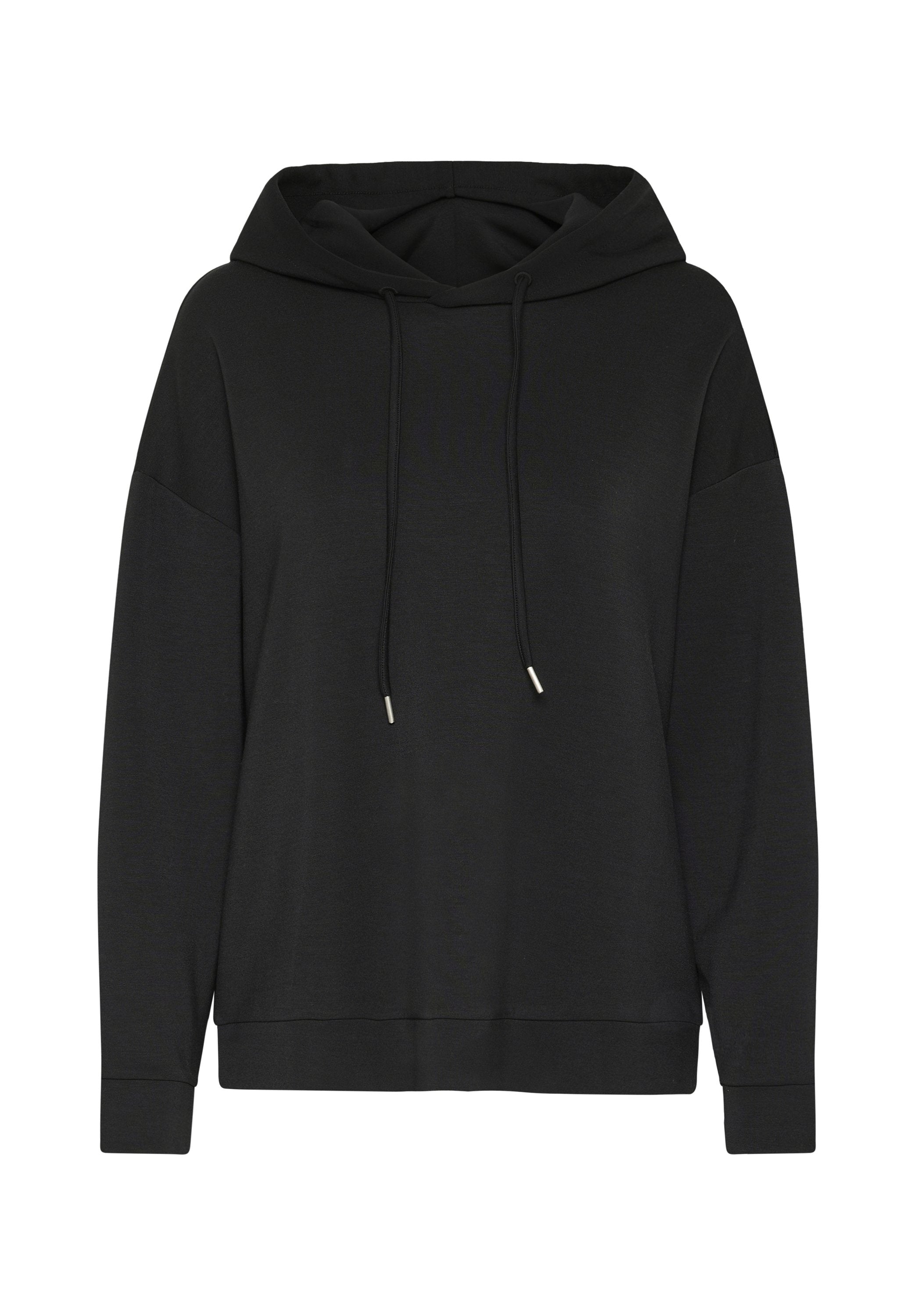 Schwarzer Kapuzenpullover mit lockerer Passform, ausgestattet mit einem Zugband am Hals und gerippten Bündchen. Hergestellt aus weichem, glattem Stoff.