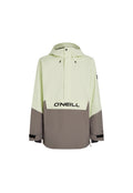 Hellgrüne und graue Outdoor-Jacke mit Kapuze, ausgestattet mit einer Fronttasche und schwarzem Logo. Glatte Textur und verstellbare Bündchen.
