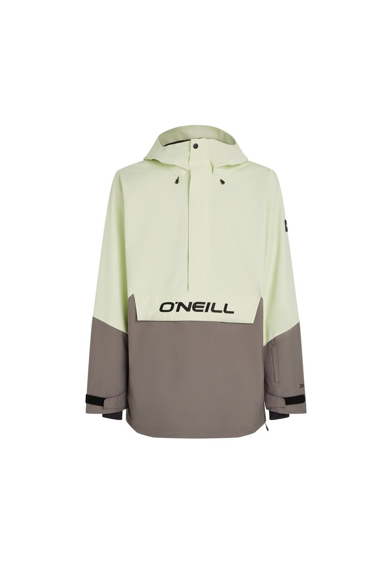 Hellgrüne und graue Outdoor-Jacke mit Kapuze, ausgestattet mit einer Fronttasche und schwarzem Logo. Glatte Textur und verstellbare Bündchen.