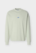 Hellgrünes Sweatshirt mit langen Ärmeln, gerippten Bündchen und Kragen, kleines blaues "HUGO"-Logo mittig auf der Brust.