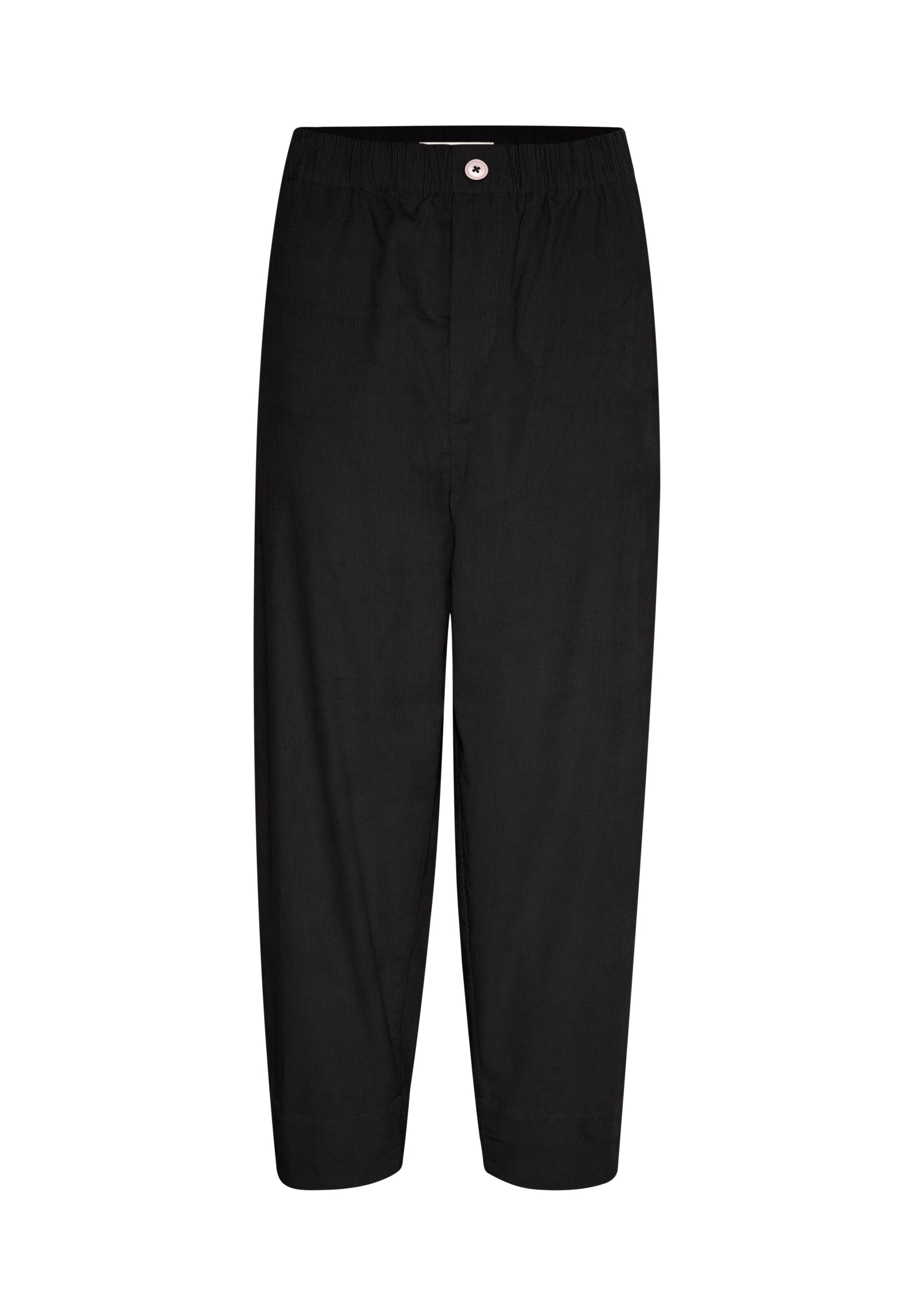 Schwarze Hose mit elastischem Bund und einem einzelnen Knopfverschluss. Hergestellt aus einem leichten Stoff, mit geradem Beinschnitt und minimalistischem Design.