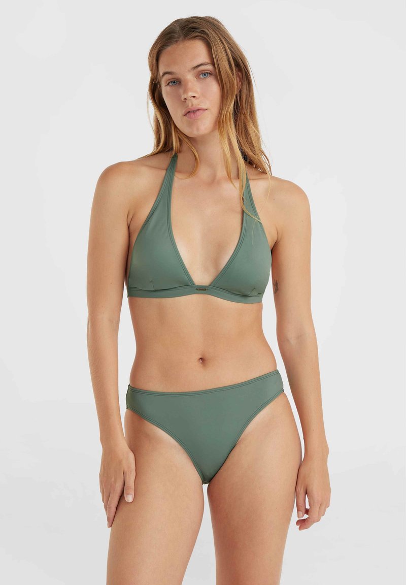 Olivgrünes Bikini-Set mit dreieckigem Halteroberteil und tief geschnittenen Unterteilen, gefertigt aus glattem, eng anliegendem Stoff mit minimalistischem Design.