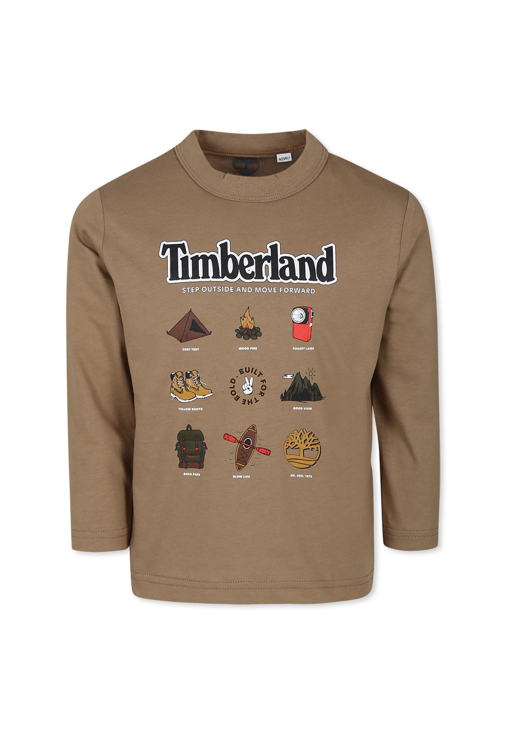 Braunes Langarm-T-Shirt mit einem Grafikdruck von Outdoor-Ikonen und dem Text "Timberland", der oben in der Mitte angeordnet ist.