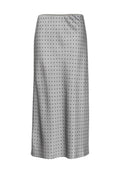 Grauer Satinrock mit schwarzen Punkten, mittellanges Design, glatte Textur, elastischer Bund und gerade Schnittführung. Keine sichtbaren Verschlüsse.