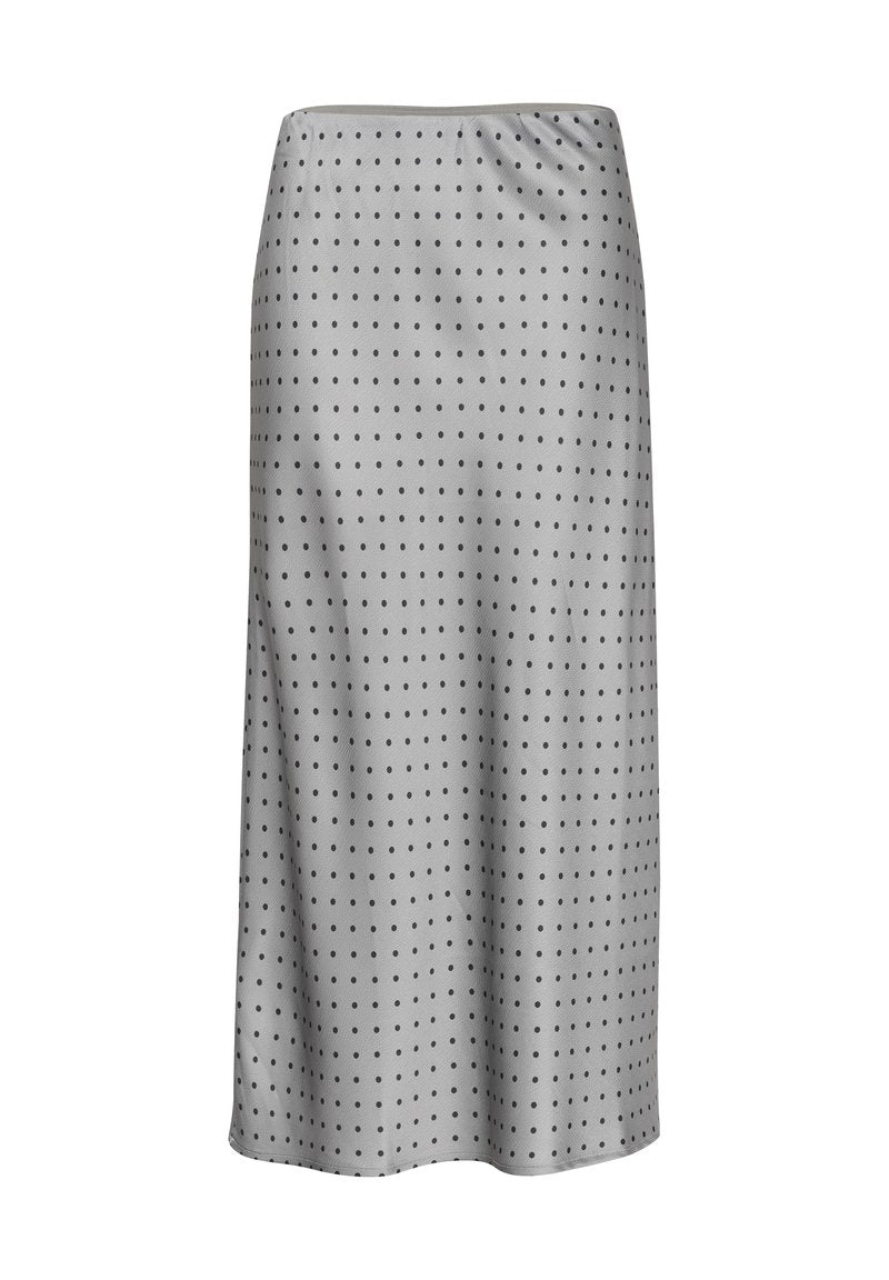 Grauer Satinrock mit schwarzen Punkten, mittellanges Design, glatte Textur, elastischer Bund und gerade Schnittführung. Keine sichtbaren Verschlüsse.