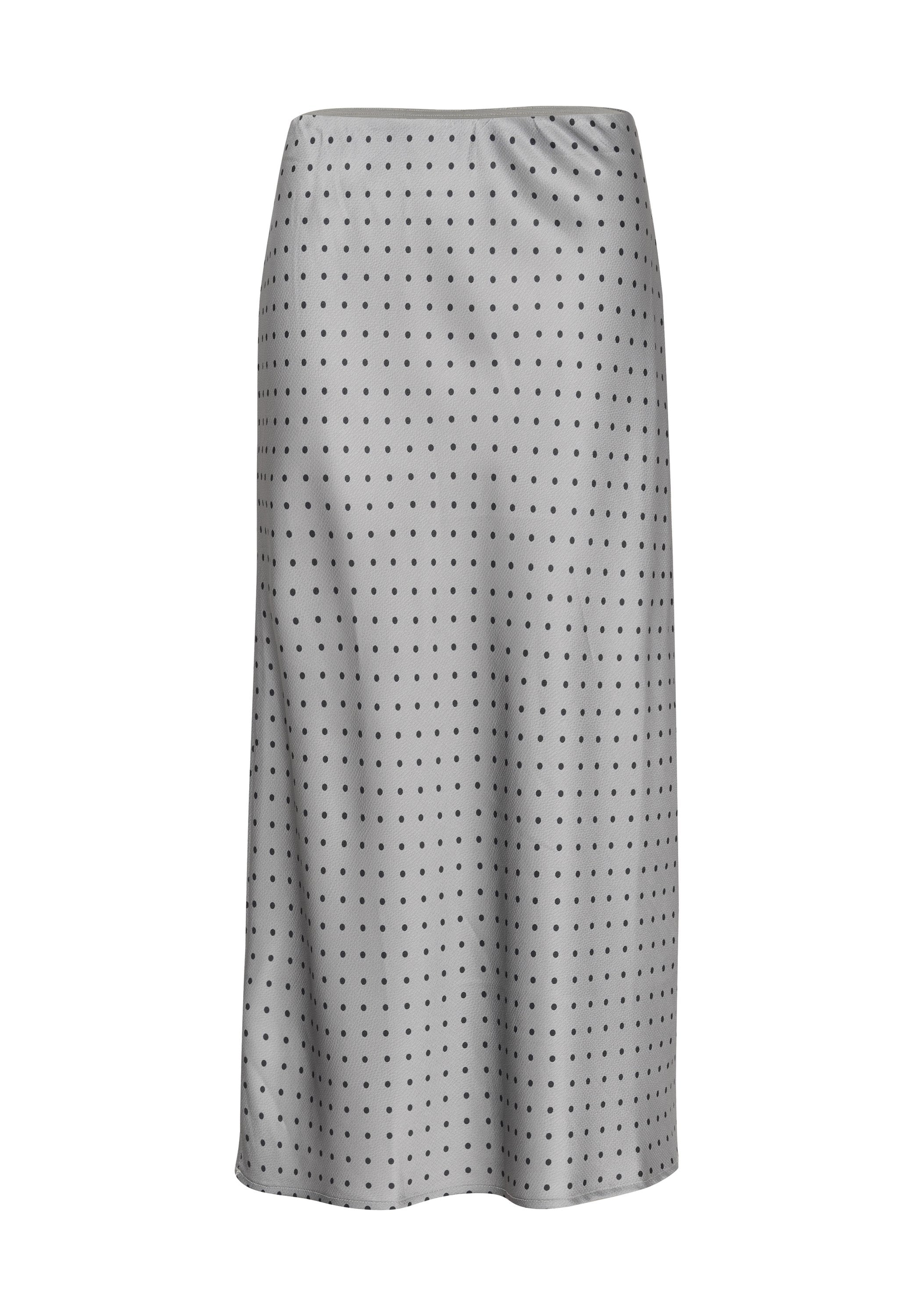Grauer Satinrock mit schwarzen Punkten, mittellanges Design, glatte Textur, elastischer Bund und gerade Schnittführung. Keine sichtbaren Verschlüsse.