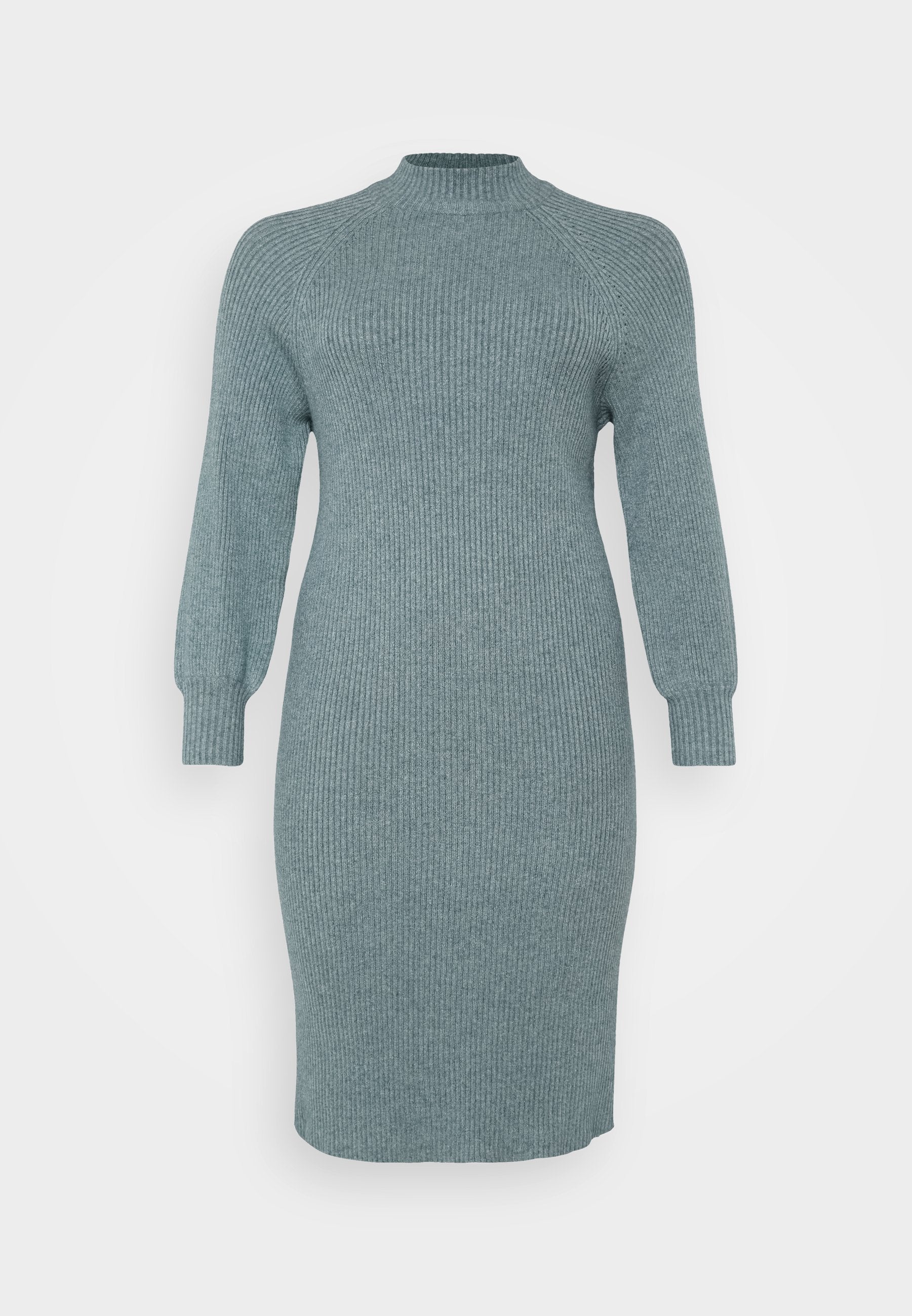Ribbed teal Strickkleid mit langen Puffärmeln und hohem Halsauschnitt, taillierte Passform, knielang, strukturierte Oberfläche, keine sichtbaren Muster oder Hardware.