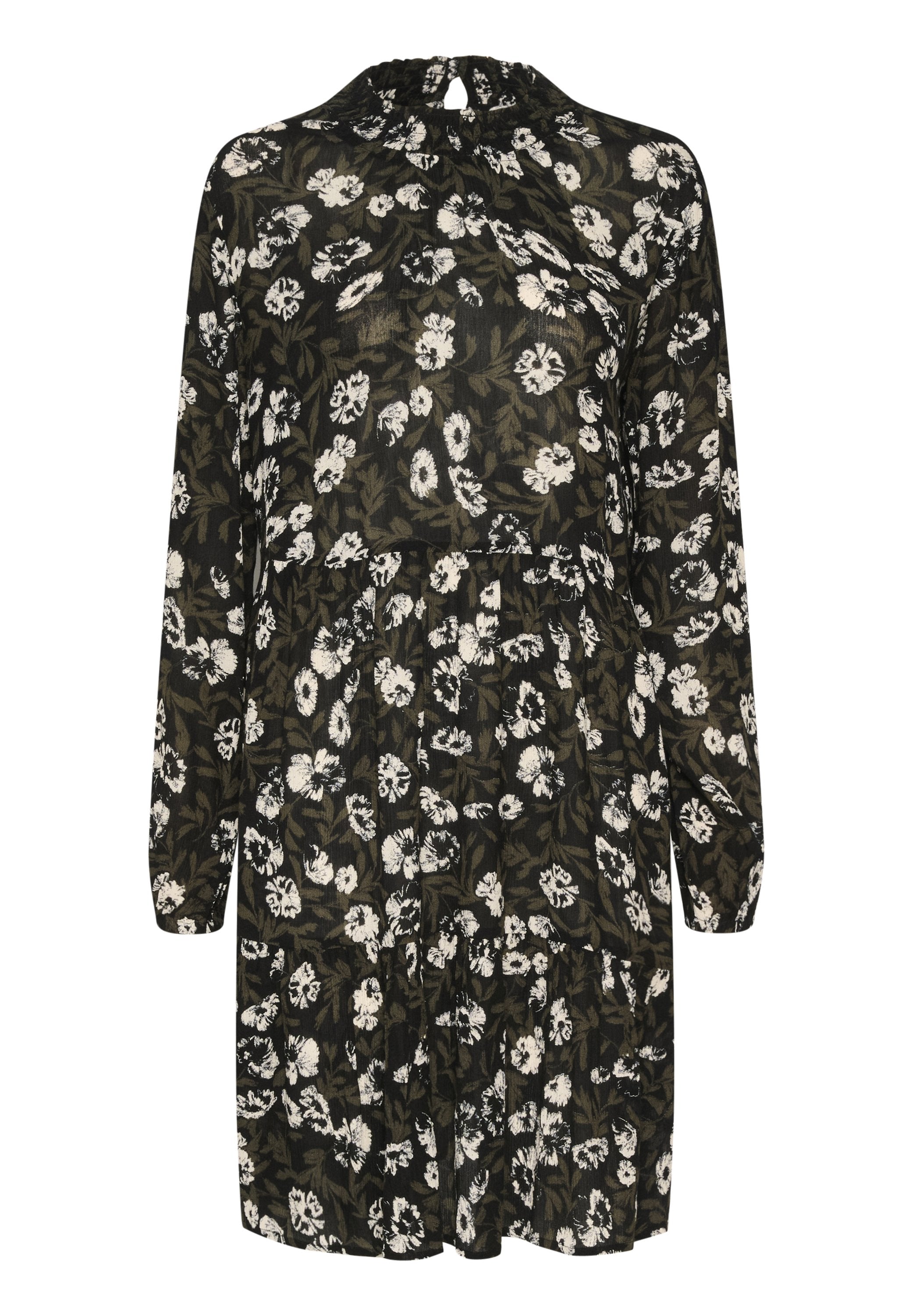 Schwarzes Blumenkleid mit langen Ärmeln, featuring einem runden Ausschnitt, geraffter Taille und weißen Blumenmustern auf einem strukturierten Stoff.
