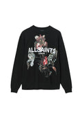 Schwarzer Sweatshirt mit einem großen Blumenmuster in den Farben Pink, Weiß und Grün sowie dem Text "ALLSAINTS LONDON" in fettem Weiß.