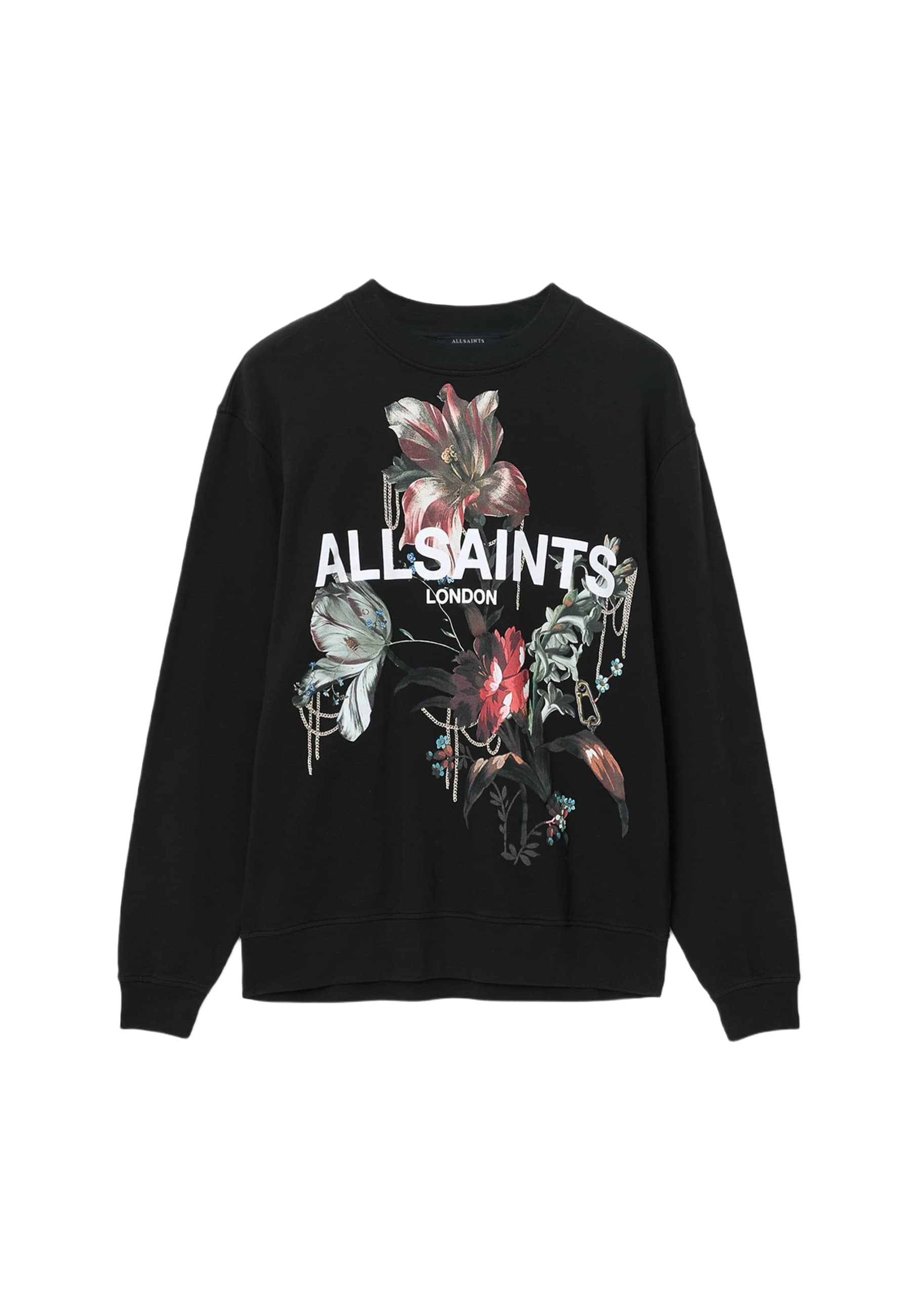 Schwarzer Sweatshirt mit einem großen Blumenmuster in den Farben Pink, Weiß und Grün sowie dem Text "ALLSAINTS LONDON" in fettem Weiß.