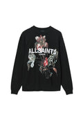 Schwarzer Sweatshirt mit einem großen Blumenmuster in den Farben Pink, Weiß und Grün sowie dem Text "ALLSAINTS LONDON" in fettem Weiß.