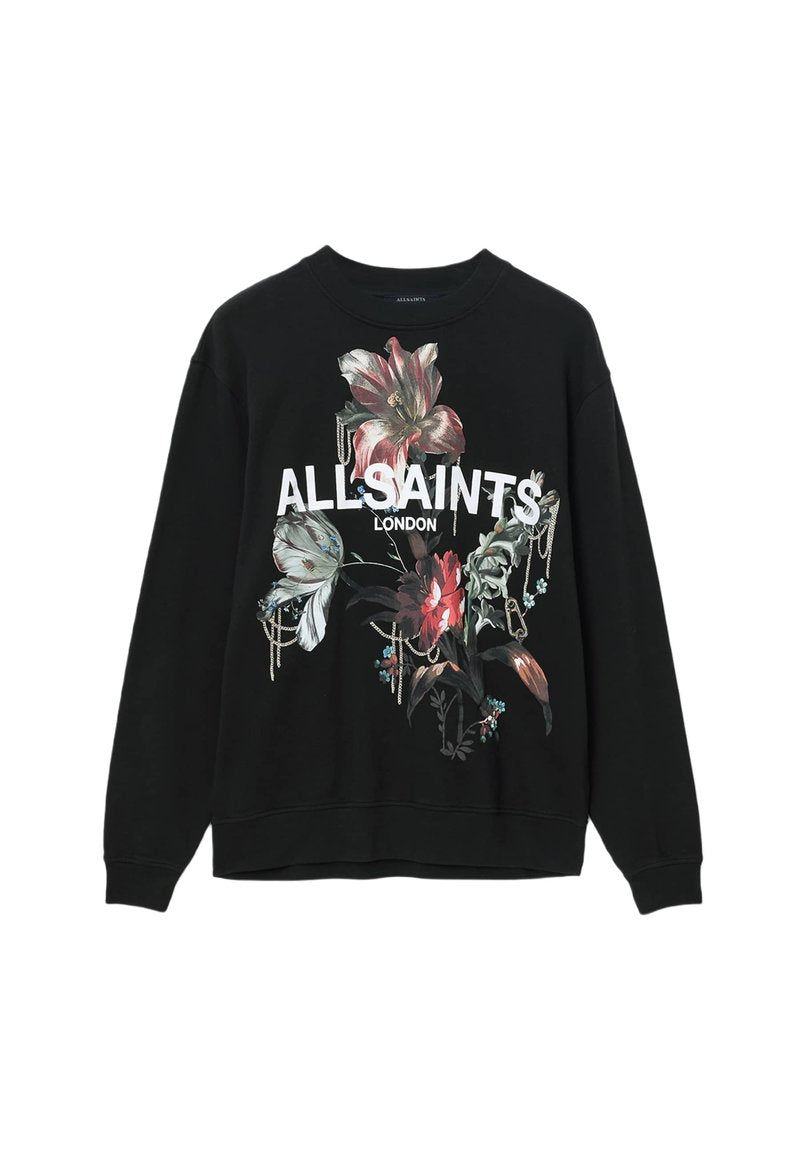 Schwarzer Sweatshirt mit einem großen Blumenmuster in den Farben Pink, Weiß und Grün sowie dem Text "ALLSAINTS LONDON" in fettem Weiß.
