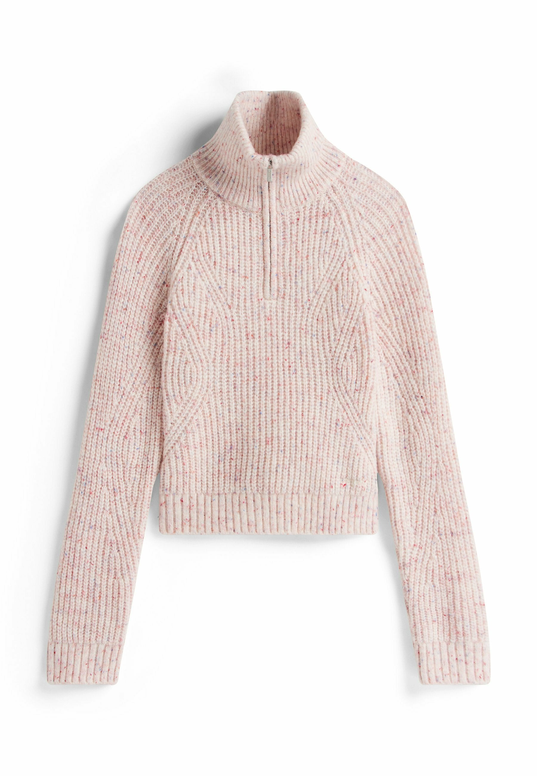 Helles rosa, cropped Sweater mit hohem Kragen, strukturiertem Rippstrick und dezenten gesprenkelten Akzenten. Verfügt über einen halben Reißverschluss am Hals.