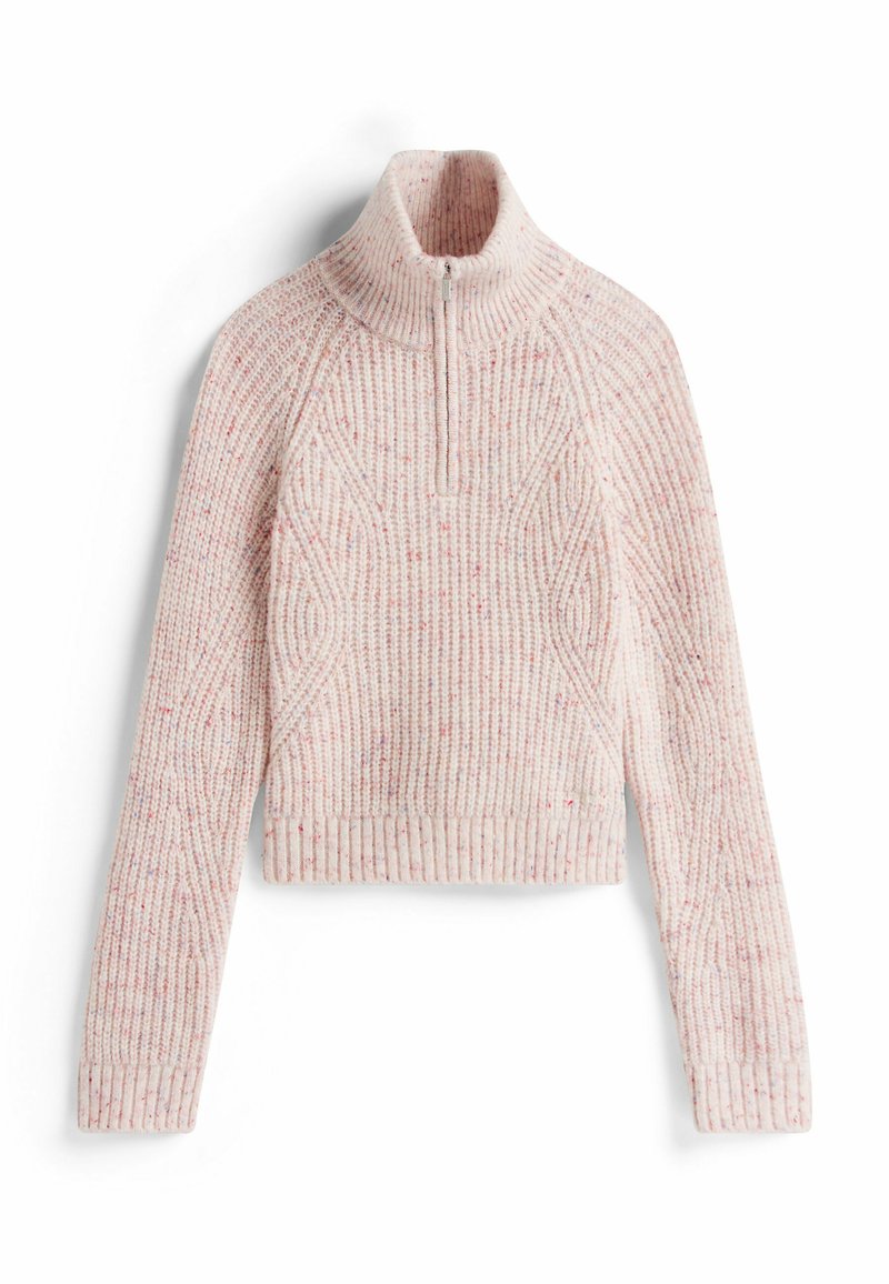 Helles rosa, cropped Sweater mit hohem Kragen, strukturiertem Rippstrick und dezenten gesprenkelten Akzenten. Verfügt über einen halben Reißverschluss am Hals.