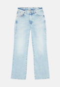 Helle blaue Denim-Jeans mit lockerer Passform, geradem Bein-Silhouette, Fünf-Taschen-Design und sanften Ausbleichungen. Verfügt über einen Knopf- und Reißverschluss.