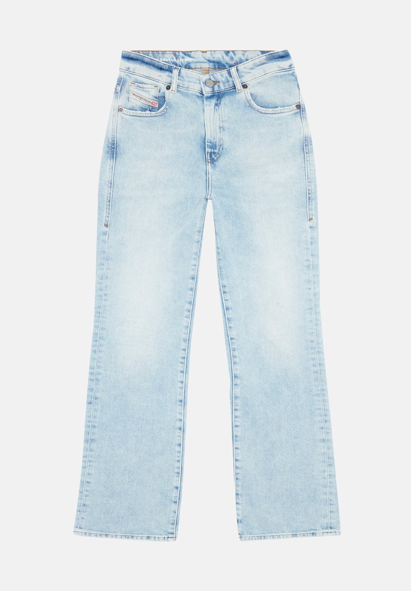 Helle blaue Denim-Jeans mit lockerer Passform, geradem Bein-Silhouette, Fünf-Taschen-Design und sanften Ausbleichungen. Verfügt über einen Knopf- und Reißverschluss.
