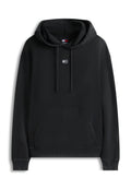 Schwarzer Hoodie aus weichem Baumwollmischgewebe mit einer aufgesetzten Kängurutasche vorne, Kapuze mit Kordelzug und kleinem Logopatch auf der Brust.