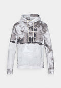 Kapuzensweatshirt aus weichem Stoff, mit einem Aquarellmuster in Grautönen und Weiß. Verfügt über eine Fronttasche und einen Kordelzug.