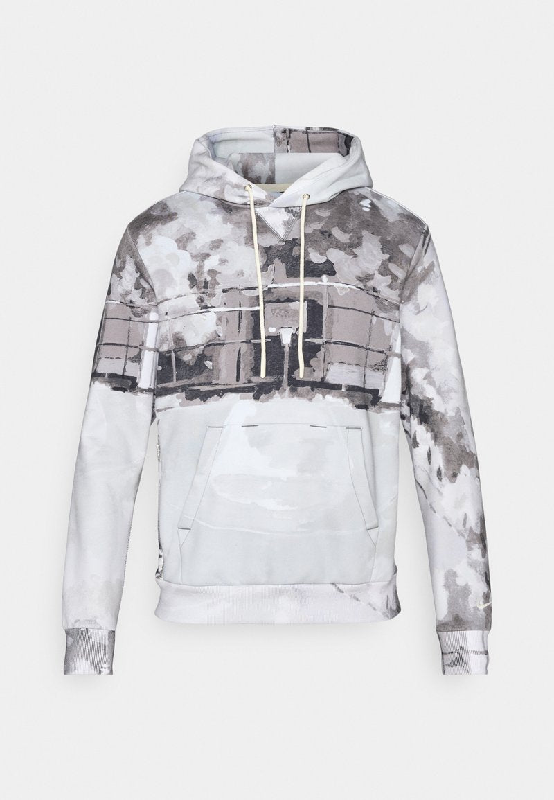 Kapuzensweatshirt aus weichem Stoff, mit einem Aquarellmuster in Grautönen und Weiß. Verfügt über eine Fronttasche und einen Kordelzug.