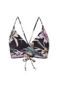 Schwarzer, floraler Bikini-Oberteil mit V-Ausschnitt, verstellbaren Trägern und gebundenem Verschluss mit metallischen Akzenten und tropischen Druckdetails.