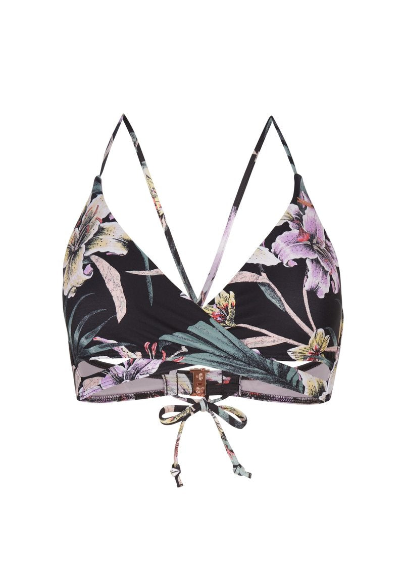 Schwarzer, floraler Bikini-Oberteil mit V-Ausschnitt, verstellbaren Trägern und gebundenem Verschluss mit metallischen Akzenten und tropischen Druckdetails.