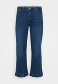 Hochtaillierte blaue Jeans mit geradem Bein und ausgestelltem Saum, aus Denim gefertigt. Verfügt über ein klassisches Fünf-Taschen-Design und einen Metallknopfverschluss.