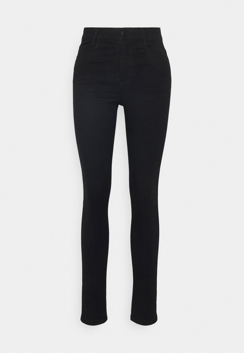 Schwarze Jeans aus Stretchstoff mit schmaler Passform, fünf Taschen, Gürtelschlaufen und Knopfverschluss. Glatte Textur ohne sichtbare Muster.