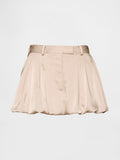 Beige, plissierter Rock aus Satin mit glatter Textur und einem Taillengürtel. Hat eine lockere, ballonförmige Silhouette.