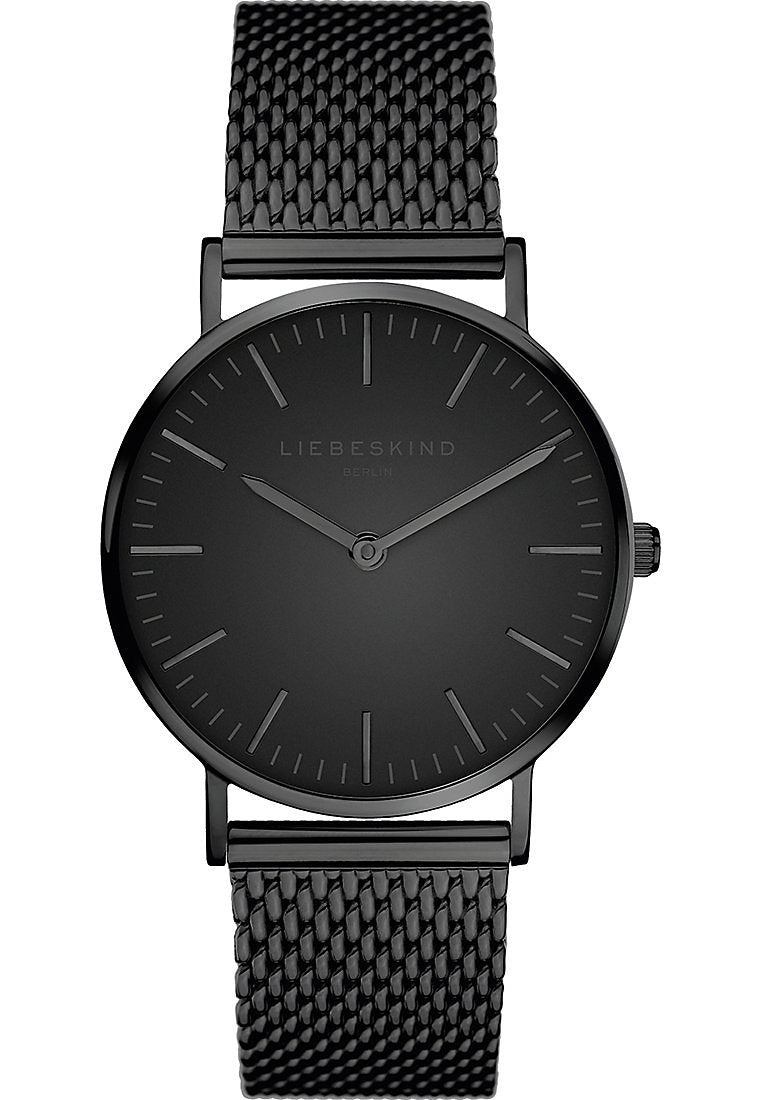 Runde schwarze Uhr mit matter Oberfläche, minimalistisches Design, dünne Stundenmarker und ein schwarzes Metallnetzarmband. Verfügt über eine Krone an der Seite.