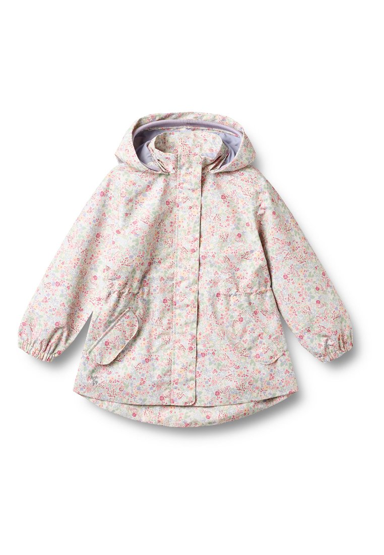Florale Regenjacke mit Kapuze, elastischen Bündchen und Seitentaschen. Hergestellt aus leichtem, wasserabweisendem Material in Pastellfarben.
