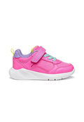 Pinkfarbener Sportschuh aus Synthetik mit Mesh-Akzenten, gepolstertem Kragen, Klettverschluss und weißer Gummisohle. Mit lila und neongrünen Details versehen.