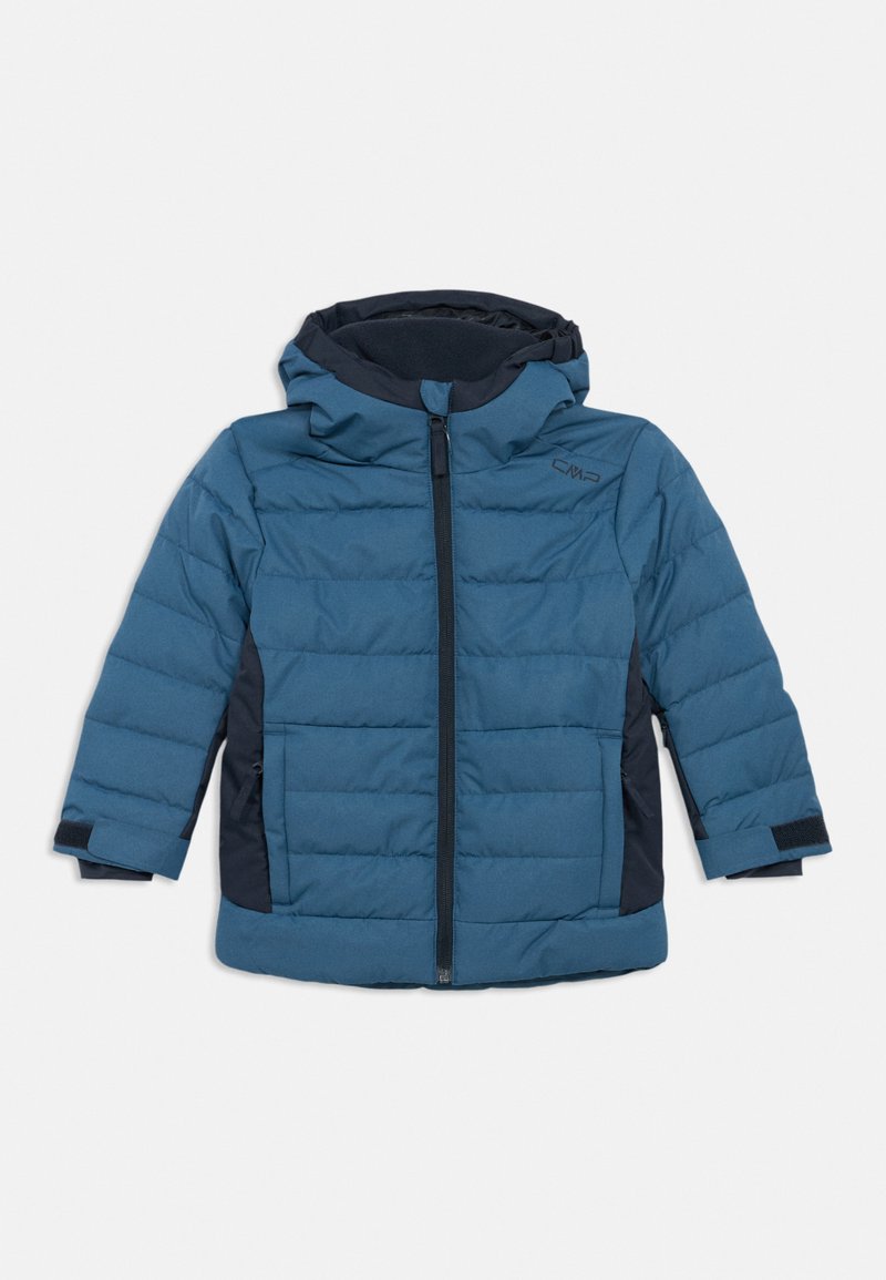 Blau gepolsterte Winterjacke mit schwarzen Seitenteilen, langen Ärmeln mit Klettmanschetten, einer Kapuze und Frontreißverschluss.