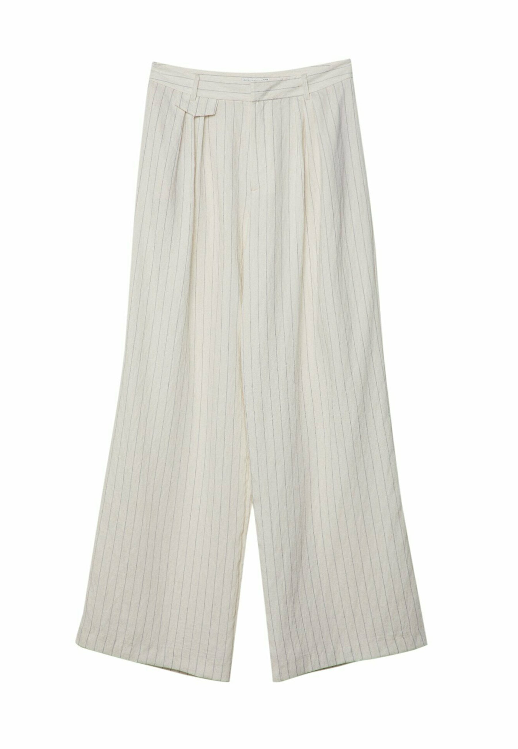 Weite Hosen aus leichter cremefarbener Stoff, mit hellblauen vertikalen Streifen, gefälteltem Design und hoher Taille mit Gürtelschlaufen.