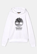 Weißes Kapuzen-Sweatshirt mit schwarzem Timberland Baum-Logo und dem Schriftzug „Timberland N.H. USA 1973“ auf der Vorderseite, mit gerippten Bündchen und Saum.