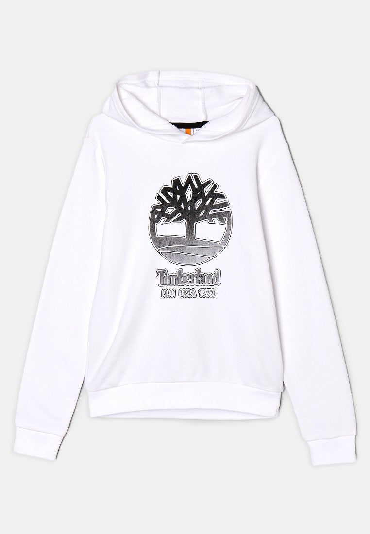 Weißes Kapuzen-Sweatshirt mit schwarzem Timberland Baum-Logo und dem Schriftzug „Timberland N.H. USA 1973“ auf der Vorderseite, mit gerippten Bündchen und Saum.