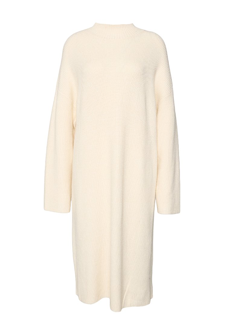 Cremefarbenes Strickkleid mit rundem Ausschnitt, langen Ärmeln, weitem Schnitt und weichem, strukturiertem Stoff.