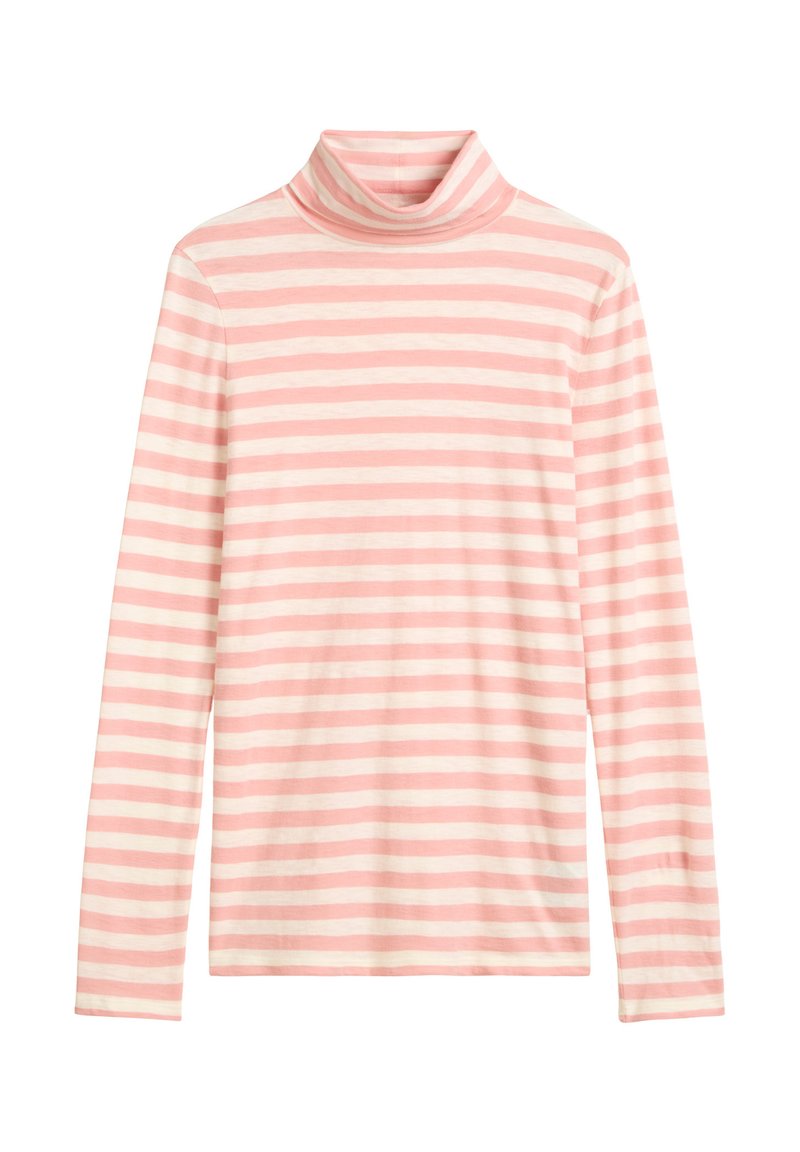 Gestreifter Langarm-Turtleneck in Hellrosa und Creme. Weicher Stoff mit taillierter Passform, hoch geschnittener Kragen und gerader Saum.
