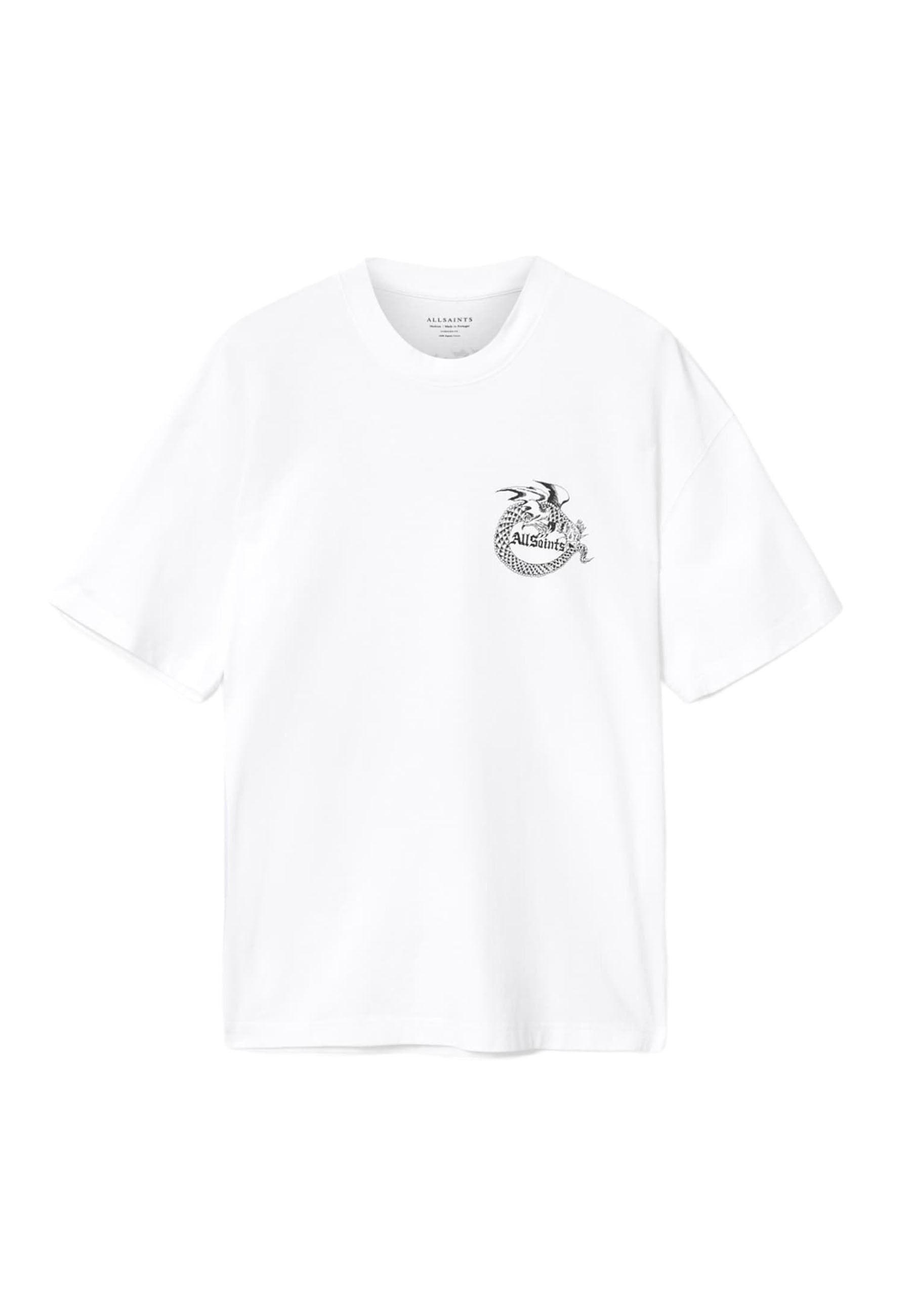 Weißes Baumwoll-T-Shirt mit einer schwarzen Drachen-Grafik und dem Schriftzug "AllSaints" auf der linken Brust. Kurze Ärmel und lockeres Design.