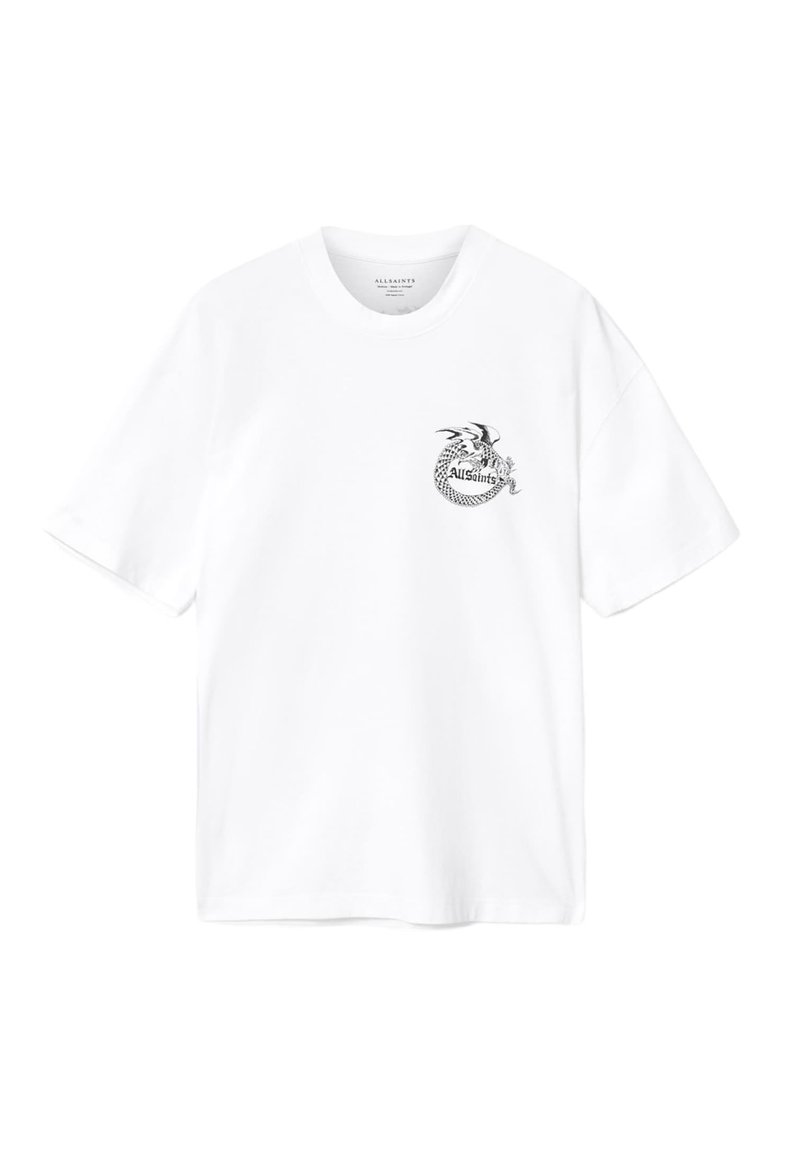 Weißes Baumwoll-T-Shirt mit einer schwarzen Drachen-Grafik und dem Schriftzug "AllSaints" auf der linken Brust. Kurze Ärmel und lockeres Design.