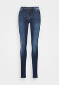 Schmale Jeans aus dunkelblauem Denim, mit frontalen Taschen, einem Reißverschluss und einem figurschmeichelnden Design mit glatter Textur.