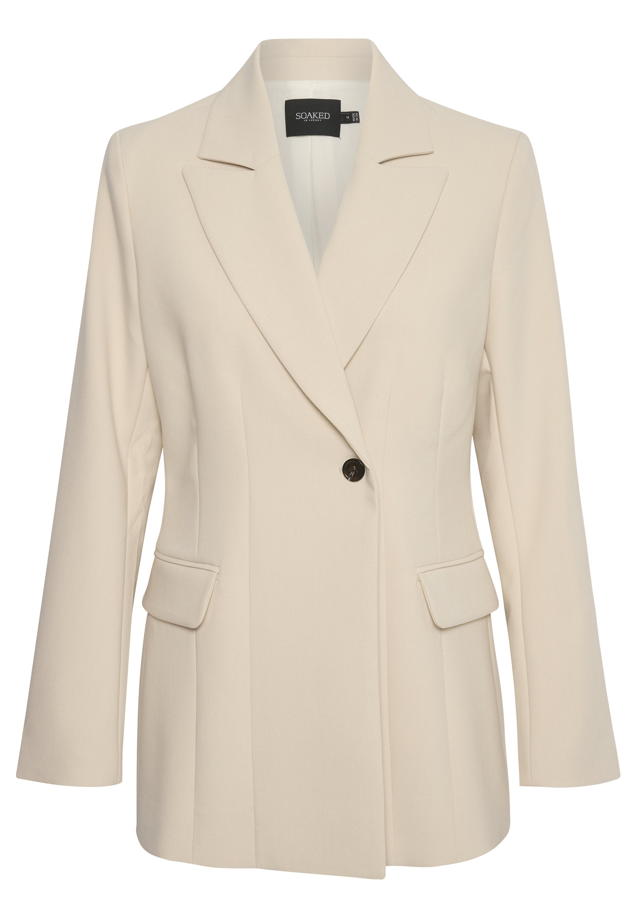 Beiger Blazer mit einem Ein-Knopf-Verschluss, Reverskragen und zwei vorderen Klappentaschen. Glattes Material mit einem strukturierten, maßgeschneiderten Design.