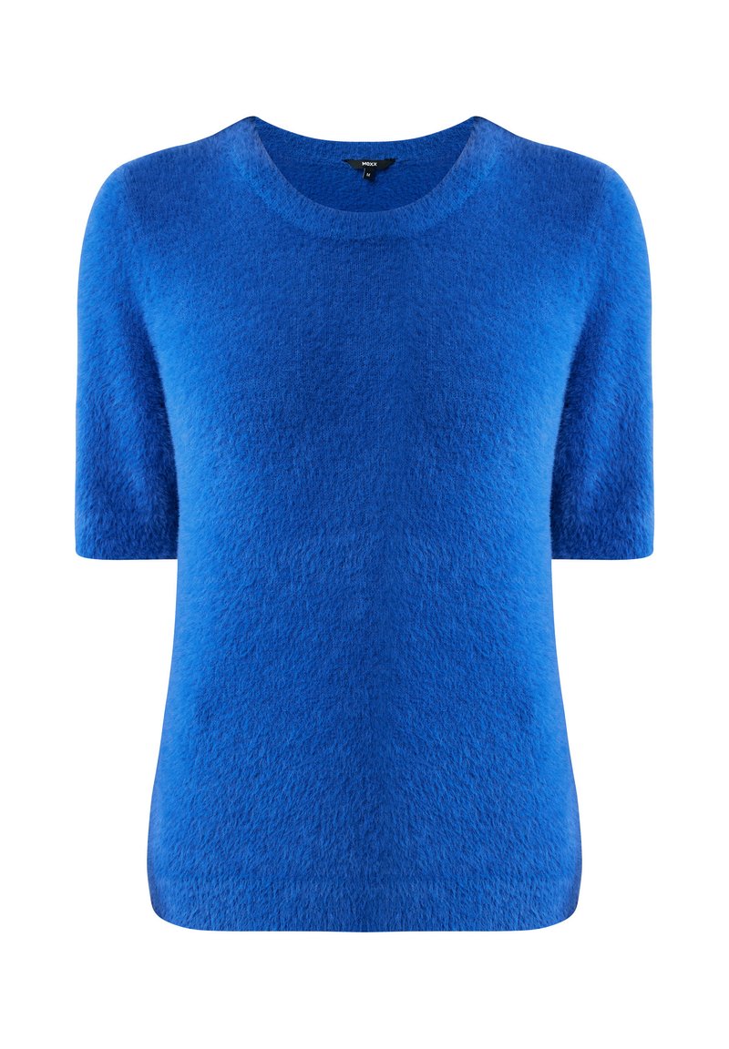 Blauer, kurzärmeliger Pullover aus weichem, strukturiertem Material. Rundhalsausschnitt mit einem leicht lockeren Schnitt und geradem Saum.