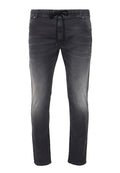 Dunkelgraue Denim-Hosen mit Kordelzugbund, schmal zulaufender Passform und dezentem Used-Effekt. Mit Fronttaschen und Ziernähten ausgestattet.