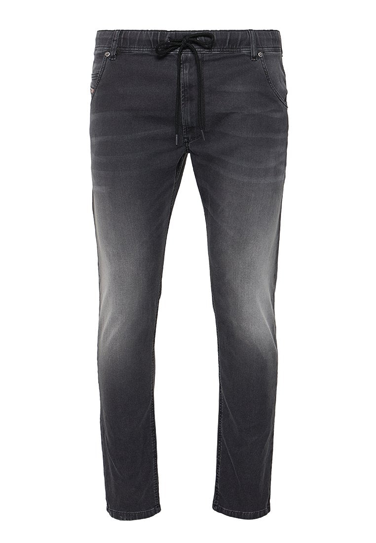 Dunkelgraue Denim-Hosen mit Kordelzugbund, schmal zulaufender Passform und dezentem Used-Effekt. Mit Fronttaschen und Ziernähten ausgestattet.