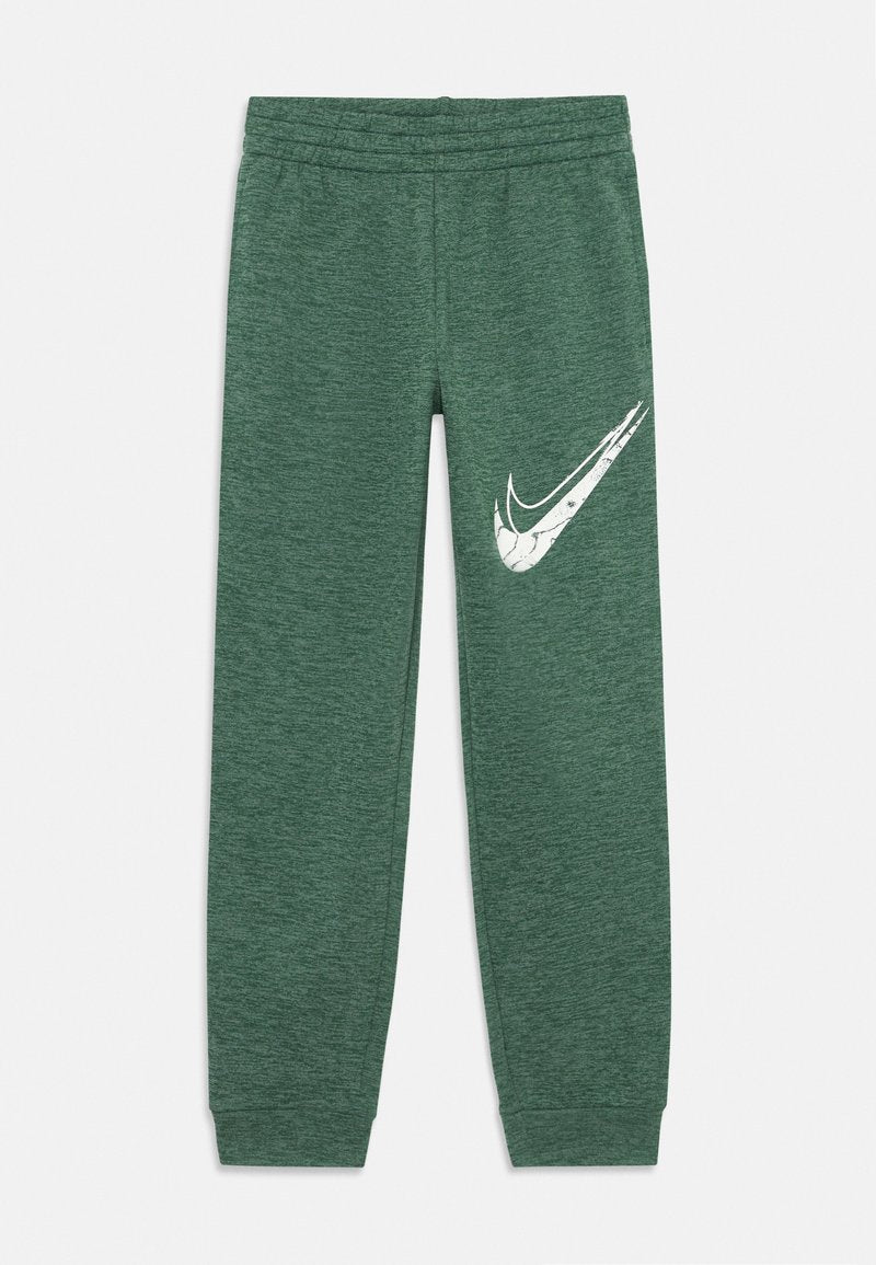 Grüne melierte Jogginghose mit elastischem Bund und Bündchen, versehen mit einem großen weißen abgenutzten Nike-Swoosh-Logo am rechten Bein.