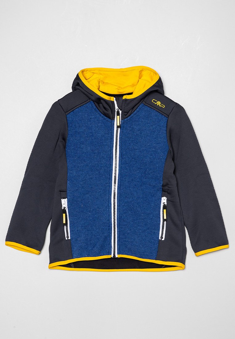 Kapuzenshirt mit marineblauem und blauen Farbblockdesign, ausgestattet mit einem strukturierten blauen Vorderteil, einem weißen Reißverschluss und gelben Akzenten.